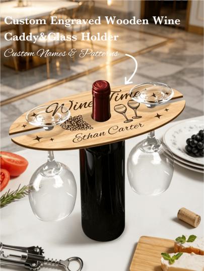 Personalized Wooden Wine Rack With 2 Glass Holders, Customized Name Wooden Bottle & Cup Holder Decor, Perfect For Home Bar, Christmas Holiday Dinner, Wedding And Tabletop Decoration. Ideal Housewarming Gift And Anniversary Present, Also Great Wedding Decor