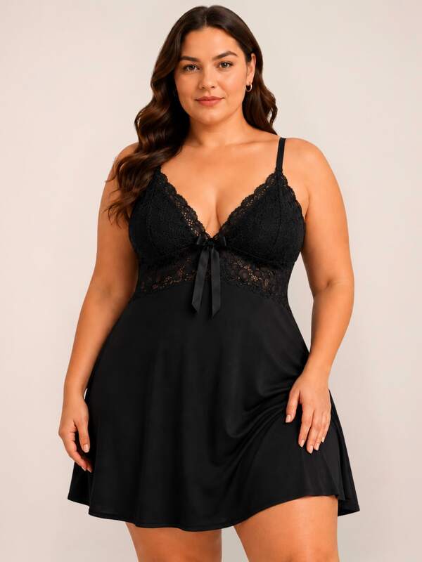 Camisola Plus Size Sexy Feminina Rendada Sem Bojo com Alças Ajustáveis Lingerie Noite Luxo