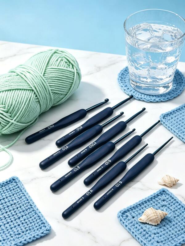 9pcs Set Deep Blue Handle Crochet Hooks, Cool Color Anti-Slip Soft Grip Metal Crochet Hooks, Size 2.0 To 6.0mm Complete, Comfortable To Hold And Grip, Suitable For Yarn, Milk, Thick Knitted Yarn, Can Be Used For Knitting Dolls, Home Decor Items, Practical Handmade Tools For Knitting Enthusiasts