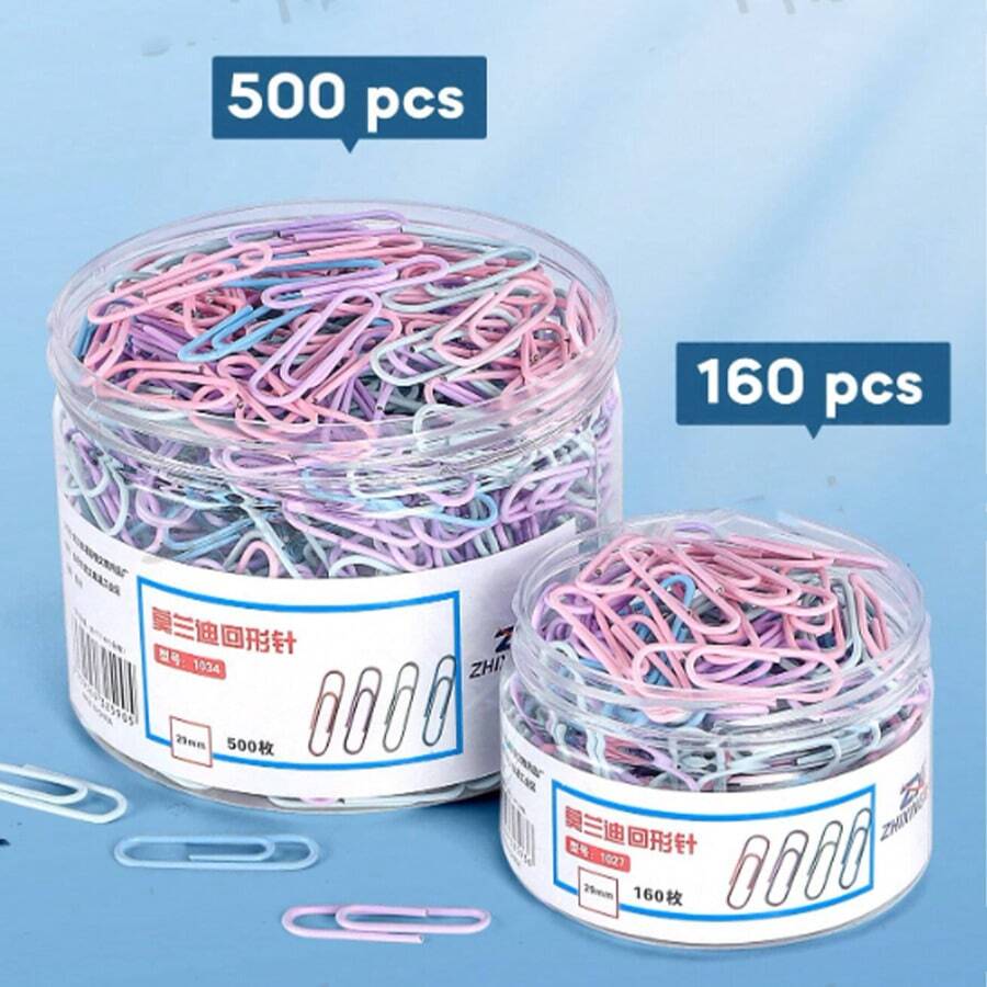 160pcs/500pcs Random Color Paper Clips, Macaron Color Portable Card Decoration File Data Storage Paper Clips, File Bookmark Paper Clips Storage Stationery U-Shaped Fixed 29mm (Randomly Shipped New And Old Versions) - Sets - View 1