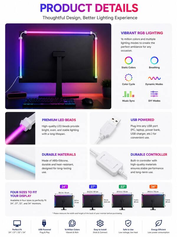Dải đèn LED RGB chiếu sáng phía sau cho màn hình máy tính, cấp nguồn qua USB, đồng bộ với màu sắc màn hình, phù hợp với nhiều kích thước màn hình, lý tưởng để xem phim, chơi game, nghe nhạc và nhiều hơn nữa