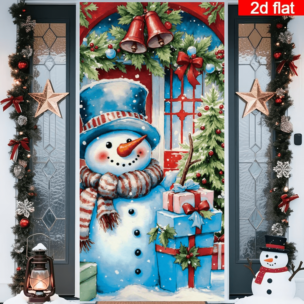 2D Flat Christmas Snowman Door Curtain, Watercolor Style Cute Snowman With Gift Box And Christmas Tree, Red And Blue Color Scheme, Durable Polyester, No Power Required, Suitable For Christmas Party Decoration, Can Be Used For Indoor And Outdoor Wall, Door And Window Decoration, Holiday Atmosphere Setup, Home, Mall, Studio, Outdoor Scene Universal, Polyester Material, No Power Required