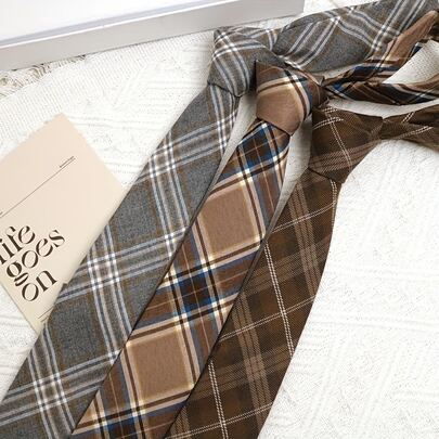 Vintage British Gray & Brown Plaid Tie, Girls' Academic Style Commute Graduation Photo Accessory