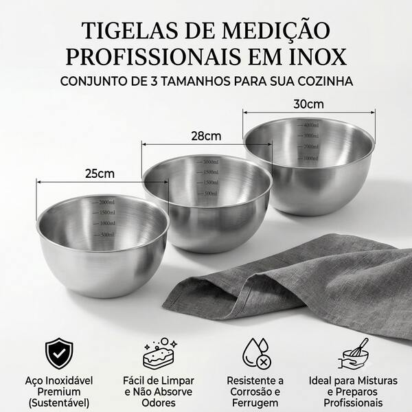 Conjunto de 3 Tigelas Bowl Bacia Redonda Multiuso Profissionais em Inox