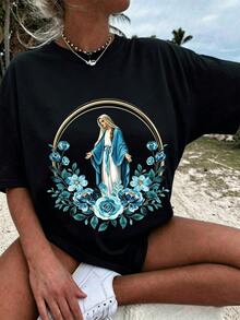 Religious Art For Women T Shirt,Virgin Mary With Blue Floral Pattern,Suitable For Spring And Summer Wear,It Is The Perfect Gift For Loyal Friends And - Black - View 3