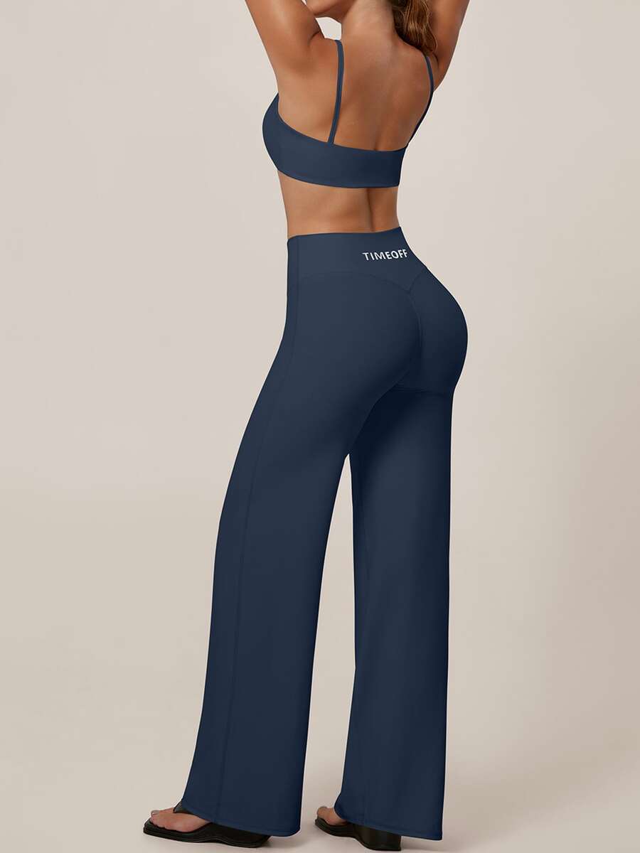 TimeOff Women's One Set Solid Color Spaghetti Strap Backless Bra High Waist Tummy Control Wide Leg Pants Sports Set - Blue - View 1