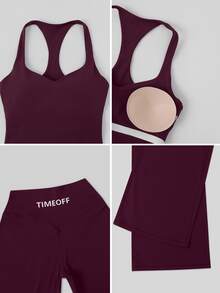 TimeOff Conjunto deportivo de mujer de un solo color con camisola de espalda nadadora con relleno extraíble y pantalones de cintura alta y pierna ancha - Morado - Ver 4
