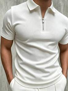 Men's Casual Solid Color Zipper Short Sleeve T-Shirt, Summer - Black and White - View 2