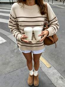 Women's Round Neck Striped Knit Sweater, Dropped Shoulder Long Sleeve Ribbed Hem, Soft Fabric, Autumn Casual Loose Oversized Pullover - Apricot - View 3