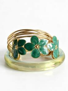 3pcs Vintage Vibrant Enamel Floral Stainless Steel Gold Elegant Floral Bracelet Set, High Street Fashion Resin Translucent Bright Summer Mix & Match Jewelry, Elegant Enamel Open Bangle Bold Aesthetic Accessory Stackable - Flower Set - View 17