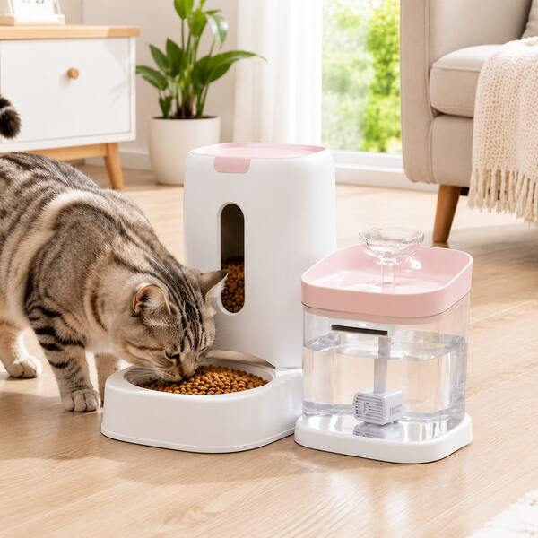 Juego de alimentador automático y dispensador de agua 2 en 1 para mascotas, alimentador automático de 121.73 oz y dispensador de agua circulante de 60.87 oz, fácil de limpiar, adecuado para gatos de interior y perros pequeños