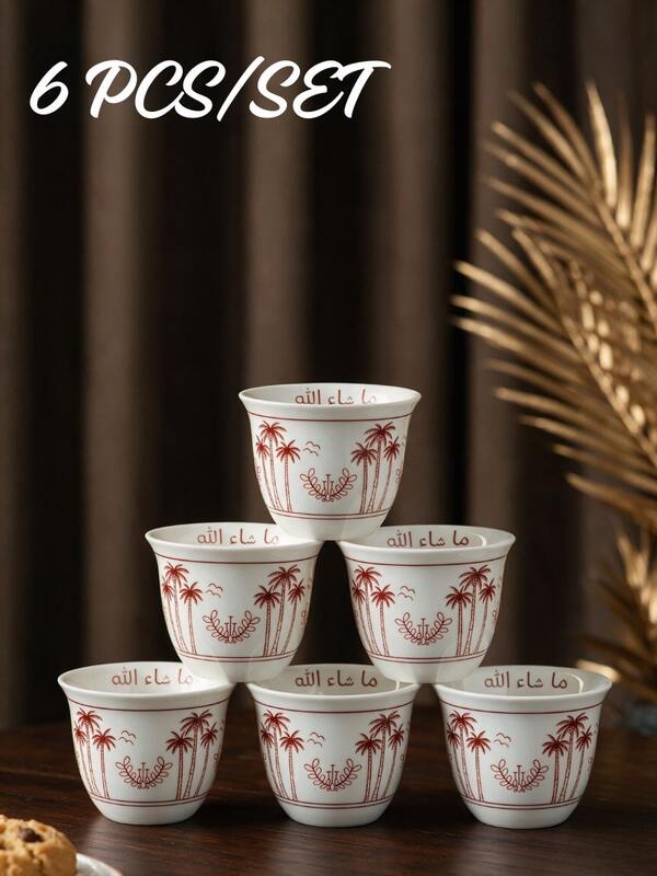 6pcs Blessing Text Decorated Cawa Tea Cups With Gift Box, Red Palm Pattern White Porcelain Cups, Suitable For Saudi National Day Table Decor, Ramadan Dinner Party, Kitchen Countertop Display