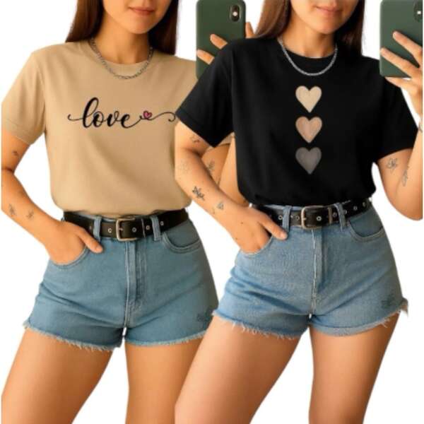 Kit 2 Camisetas Básicas Feminina Love Coração 100% algodão Camisa Feminina