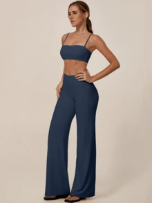 TimeOff Women's One Set Solid Color Spaghetti Strap Backless Bra High Waist Tummy Control Wide Leg Pants Sports Set - Blue - View 8