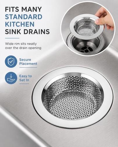 2PCS Stainless Steel Kitchen Sink Strainer, Fine Mesh Drain Filter Basket, Wide Rim Food Catcher, Reusable Easy-Clean Sink Accessory