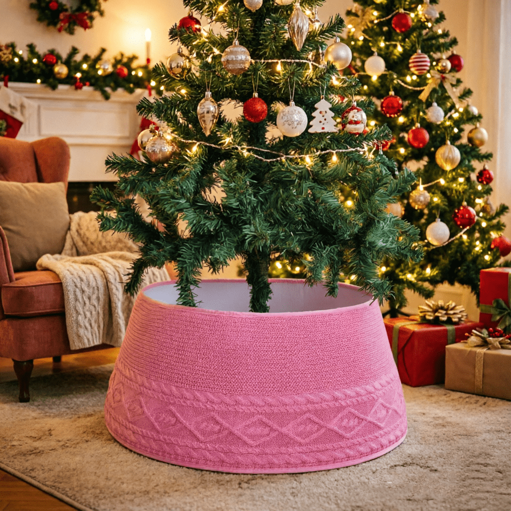 Red/Pink/White/Red & White Cable Knit Christmas Tree Skirt, Vintage Argyle Pattern Tree Collar, Soft Thickened Christmas Tree Base Cover, American Country Vintage Red Argyle Knit Christmas Tree Skirt, Thickened Soft Christmas Tree Base Collar, American Country Indoor Christmas Decoration