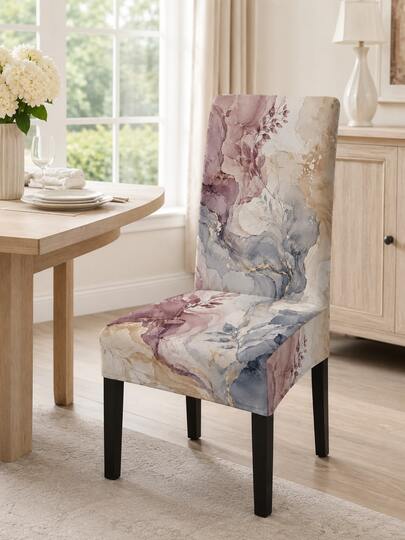 4pcs Pink & Blue Watercolor Marble Floral Leaf Chair Covers, Abstract Floral Gold Line Pattern Elastic Chair Back Protector, Removable & Washable Dust-Proof, Suitable For Modern Dining Room, Kitchen & Home Decor