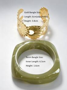 2Pcs Aesthetic Stacking Bracelet Set Marbled Amber Resin Bangle Gold Banana Leaf Open Cuff Bangles Y2K Boho Vacation Outfit Accessories For Women - Alloy Resin Bracelet Set - View 11