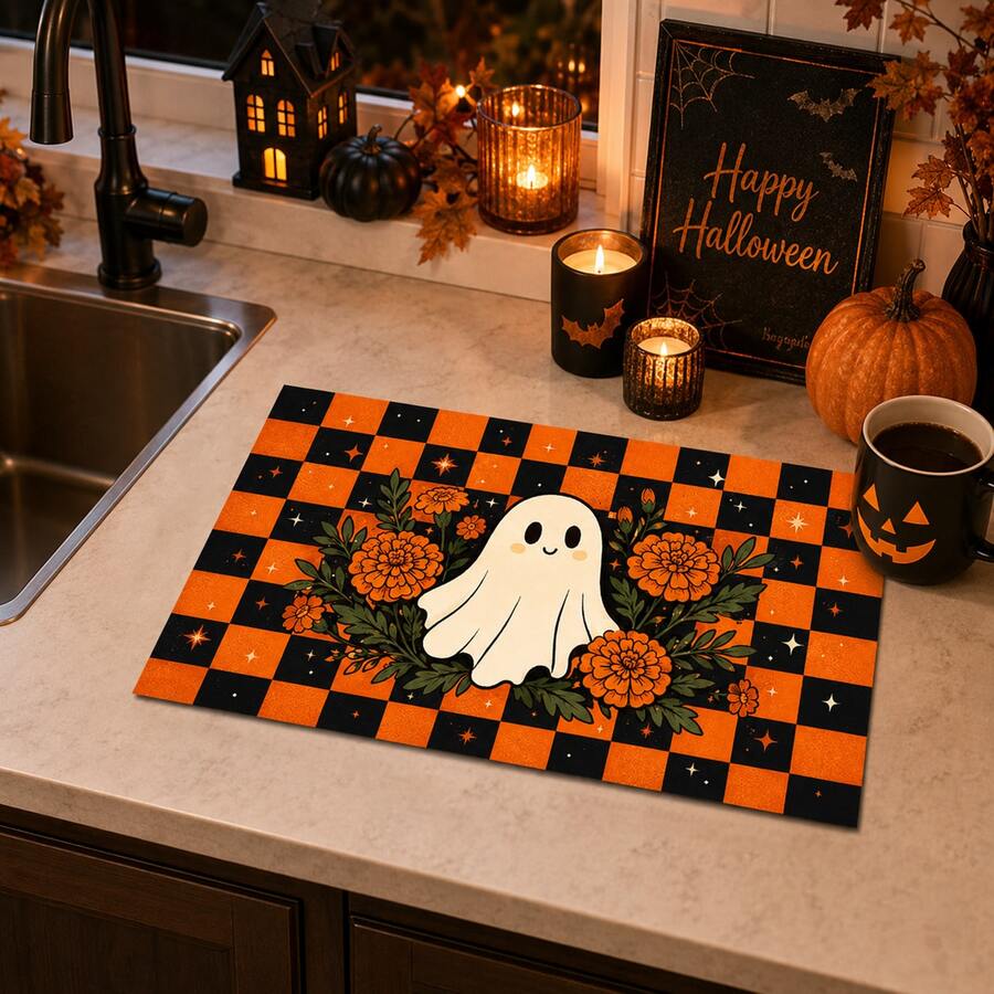 1 pieza Alfombrilla de drenaje de cocina de barro de diatomeas con patrón de fantasma de Halloween, alfombrilla absorbente de secado rápido y antideslizante para cafetera y secado de platos, adecuada para encimera de cocina y decoración del hogar festiva - Multicolor - Ver 1