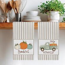 2pcs Light Brown Vertical Stripe Truck & Pumpkin Pattern Kitchen Towels, 40*60cm Soft Microfiber Tea Towels, Suitable For Home Kitchen Restaurant Outdoor Camping Tabletop Cleaning Dish Cloth Hand Towel Accessories, Autumn Atmosphere Holiday Gift - Multicolor - View 7