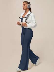 TimeOff Women's One Set Solid Color Spaghetti Strap Backless Bra High Waist Tummy Control Wide Leg Pants Sports Set - Blue - View 3