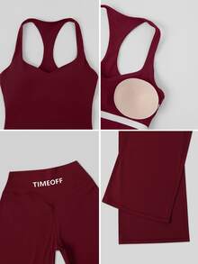 TimeOff Conjunto deportivo de mujer de un solo color con camiseta de tirantes de espalda nadadora con relleno extraíble y pantalones de cintura alta de pierna ancha - Rojo - Ver 4