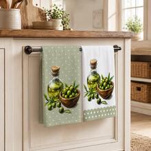 2pcs Green Olive Pattern Kitchen Towels, 6/8pcs Plant Print Dish Cloths, Super Absorbent Microfiber, Machine Washable, Holiday Gift And Cleaning Supplies Decor, Suitable For Holiday Decoration, Cooking, Baking, Housewarming Gift And Cleaning Supplies, Suitable For Kitchen, Bathroom, Toilet - Multicolor - View 2