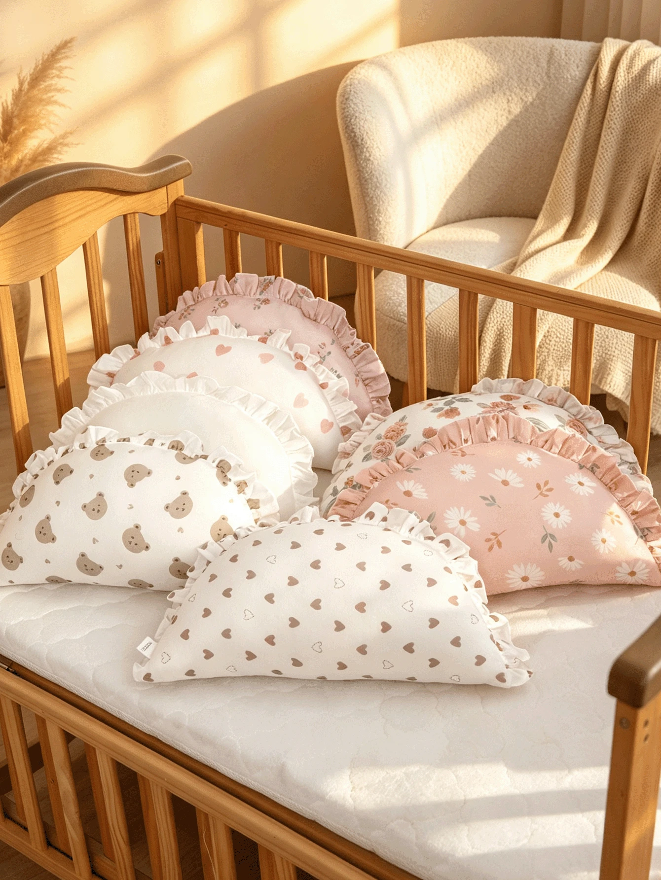 1pc Cute Ruffled Baby Pillow, Soft Comfortable Anti-Flat Head Neck Support Pillow, All-Season Children's Pillow - Multicolor - View 1
