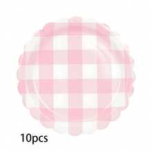 10件/30件/60件 粉色扇形格紋派對用品，淺粉色與白色格紋紙盤與杯子套裝，適用於新娘婚前派對、婚禮、生日派對、戶外野餐 - 粉紅白 - 查看 12