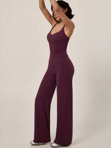 TimeOff Conjunto deportivo de mujer de un solo color con camisola de espalda nadadora con relleno extraíble y pantalones de cintura alta y pierna ancha - Morado - Ver 8