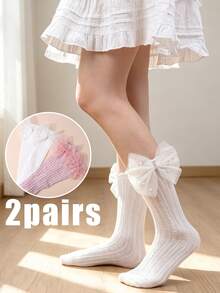2 Pairs Girls Children Sweet Style Bow Mid-Calf Socks White / Pink Breathable Mid-Calf Socks Suitable For Daily Wear, Party Outfits - Multicolor - View 1