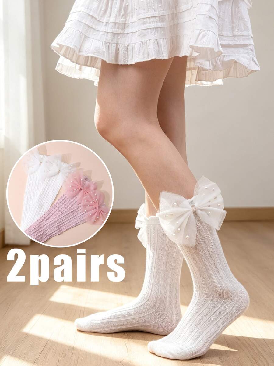 2 Pairs Girls Children Sweet Style Bow Mid-Calf Socks White / Pink Breathable Mid-Calf Socks Suitable For Daily Wear, Party Outfits - Multicolor - View 1