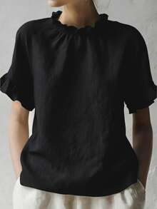 Solid Color Ruffle Trim Short Sleeve Casual Shirt Black Summer - Black - View 1