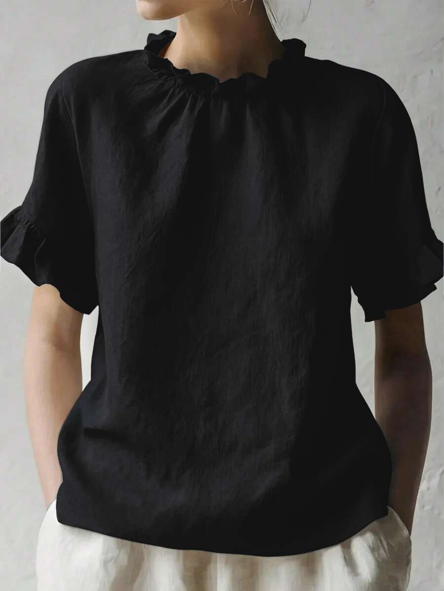 Solid Color Ruffle Trim Short Sleeve Casual Shirt Black Summer - Black - View 1