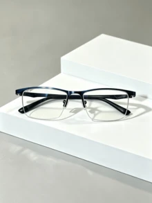 1 Pair Men's Classic Half-Frame Rectangular Glasses, Business Commute Daily Wear Non-Prescription Glasses, Comfortable Non-Slip Temple Glasses Frame - Clear - View 9