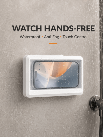 1pc Universal No-Drill Waterproof Transparent Plastic Wall-Mounted Phone Holder, 360° Rotatable Touchscreen Anti-Fog Storage Box, Suitable For Shower, Bathroom, Kitchen, Supports Hands-Free Video Watching, Music Playback And Daily Use