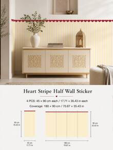 1pc/4pcs Heart Stripe Half Wall Decal, Removable & Peel And Stick Wall Sticker, Suitable For Bedroom, Living Room And Entryway, 4 Colors Available - Heart Pinstripe - View 24