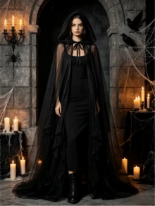 Halloween Cool Dark Style Long Hooded Cloak, Lightweight Mesh Material, Unisex; Classic Witch Cape, Suitable For Horror Theme Party, Cosplay, Bar Decor, Halloween Role Play - Multicolor - View 2