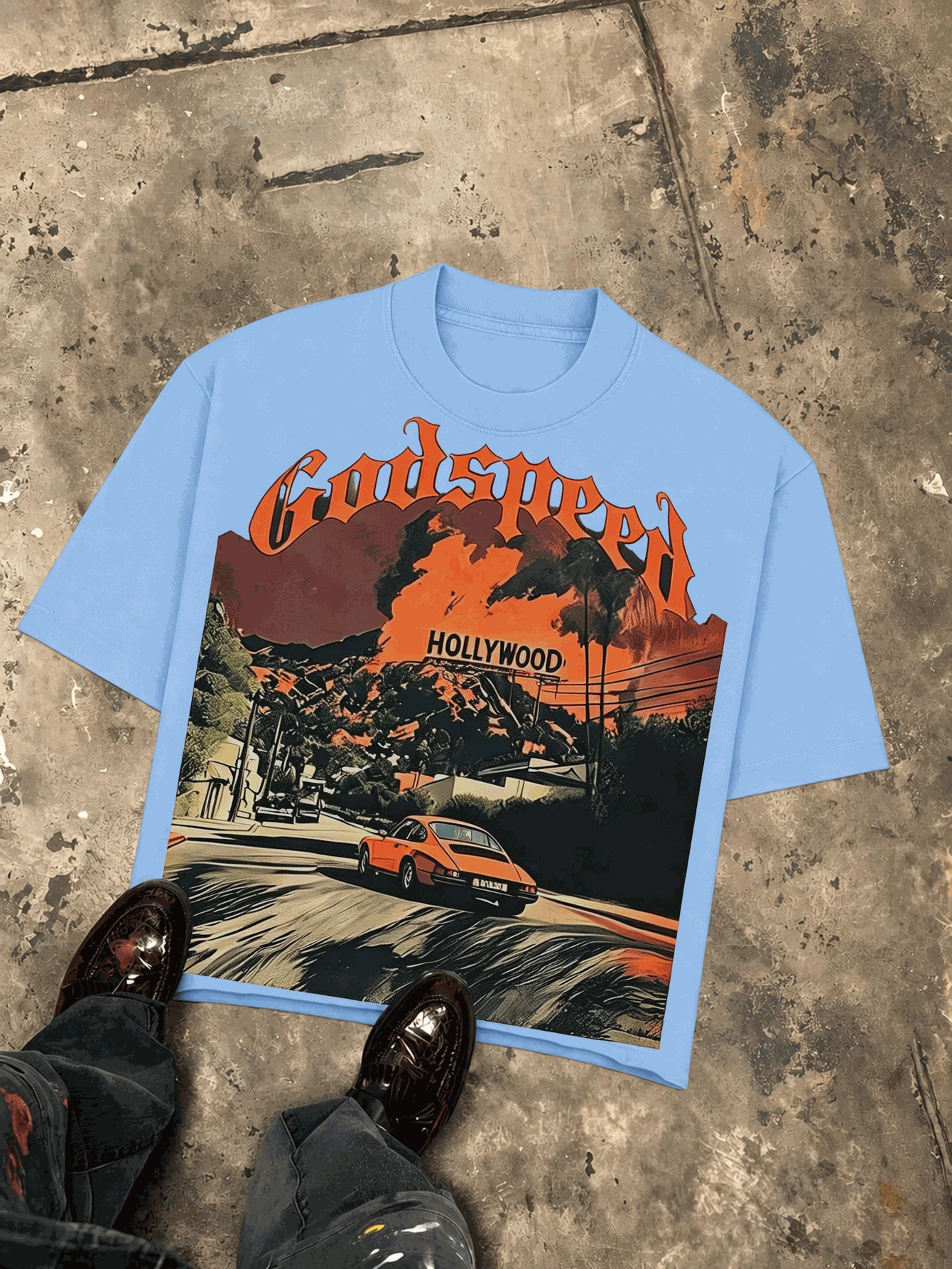Holly Wood Hills Orange Sunset Distressed Skate Culture Tee, Oversized 180g Faded Cotton, Summer Sports Shirt For Men - 淺藍色 - 查看 1