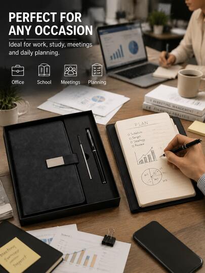 Luxury A5 Notebook And Pen Gift Set (With Gift Bag); PU Leather Notebook With Metal Clasp; Premium Writing Notebook Set Suitable For Work, Study, Travel, And Personal Planning.