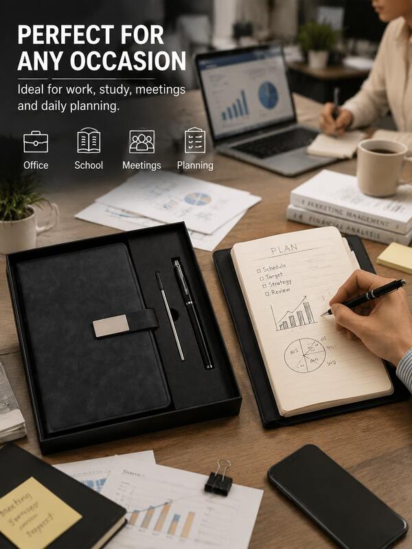Lüks A5 Defter ve Kalem Hediye Seti (Hediye Çantasıyla); Metal Klipsli PU Deri Defter; İş, Çalışma, Seyahat ve Kişisel Planlama İçin Uygun Premium Yazı Defteri Seti