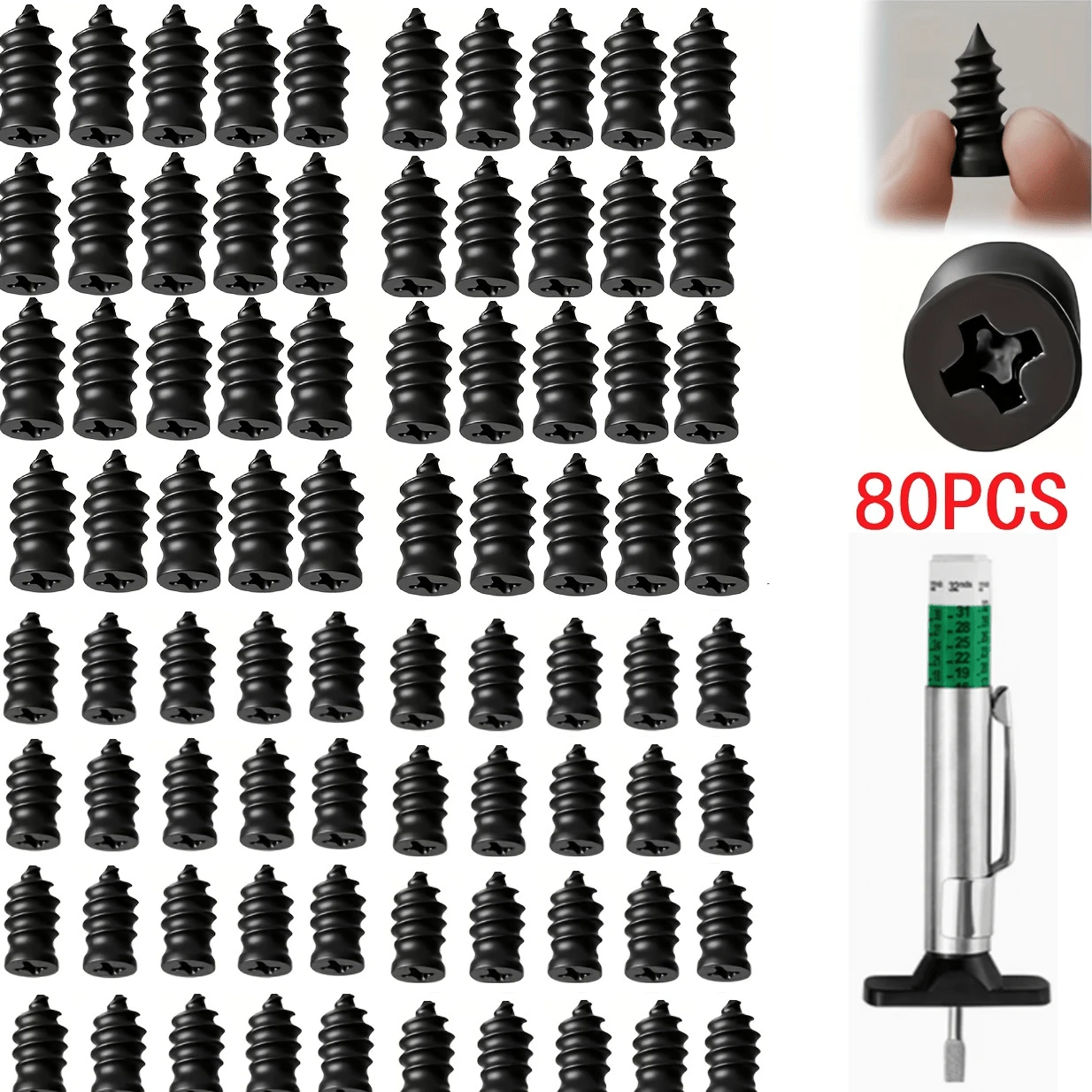 Kit de reparación rápida de neumáticos de vacío 20/40/80 piezas con tornillos espirales <Calibrador universal de profundidad de banda de rodadura de 25 mm de precisión>, para automóviles y motocicletas, clavos de pegamento de neumáticos autorreparables, clavos de hongo, herramienta de reparación rápida de neumáticos no destructiva
