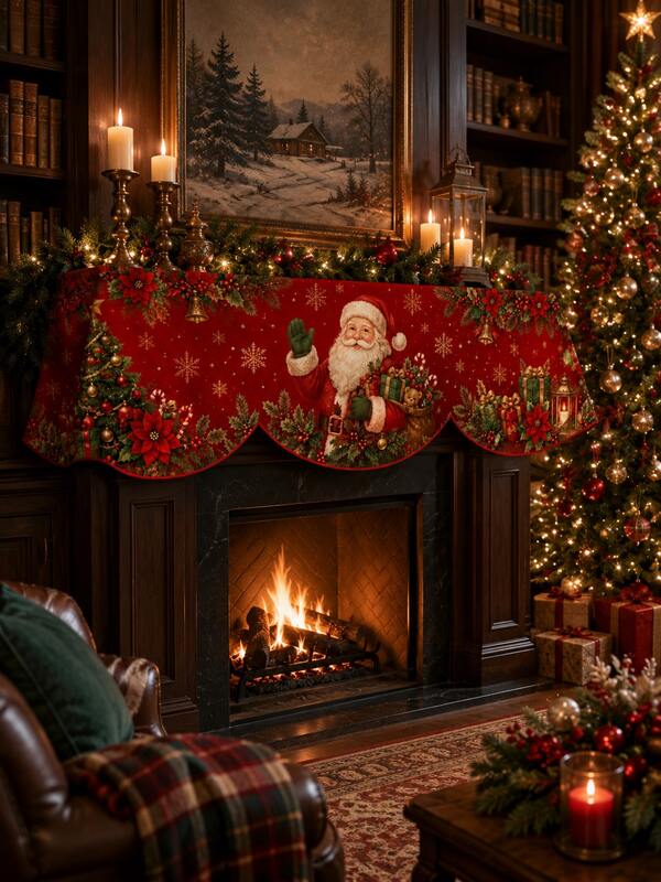Christmas Fireplace Mantel Cover Cloth, Multiple Pattern Options, Wavy Hem Fireplace Decor Fabric, Suitable For Living Room Fireplace Mantel Christmas Home Decor And Holiday Atmosphere Decoration