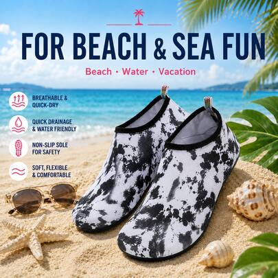 Simple Black And White Ink-Wash Print Water Shoes, Quick-Drying, Breathable, Casual Vacation River Tracing Shoes