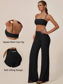TimeOff Women's One Set Solid Color Spaghetti Strap Backless Bra High Waist Tummy Control Wide Leg Pants Sports Set - Black - View 10