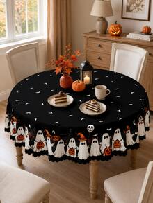 1 buah Taplak Meja Hantu Halloween Hitam, Hantu Putih, Lentera , Kelelawar, Jaring Laba-laba dan Cetakan Tanda BOO, Desain Tepi Bergelombang, Cocok untuk Pesta, Meja Makan dan Dekorasi Liburan Rumah - MultiWarna - View 5