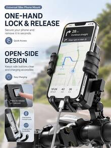 1 buah Dudukan Ponsel Sepeda Motor Universal, Kunci Sekali Klik/Penjepit Empat Sudut, Dudukan Ponsel Sepeda, Dapat Diputar 360° Anti Guncangan untuk Stang/Spion, Desain Pengisian Daya Terbuka, Braket GPS Bahan ABS, Cocok untuk Sepeda, Sepeda Listrik, Skuter, Smartphone 4.0-7.0 Inci, Hitam - A - View 5