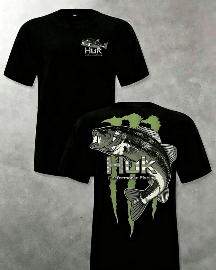 Mer TopsMen's Casual Crewneck HUK - Shirt - Camo Bass Fish Graphic, 180g Soft Cotton Summer Fishing Hiking Short Sleeved-Shirt XMNBsummer - Ink Black - View 1