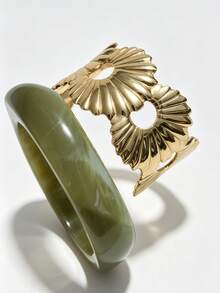 2Pcs Aesthetic Stacking Bracelet Set Marbled Amber Resin Bangle Gold Banana Leaf Open Cuff Bangles Y2K Boho Vacation Outfit Accessories For Women - Alloy Resin Bracelet Set - View 4