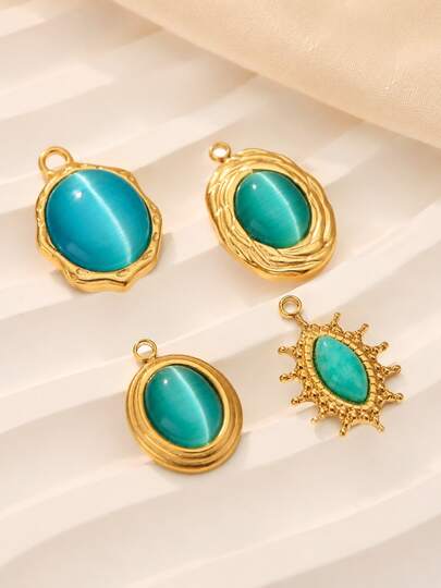 1pc Vintage Cat Eye Stone Pendant, European And American Style Stainless Steel Blue Green Cat Eye Stone Pendant With Multiple Texture Designs, Suitable For DIY Necklace, Bracelet Accessories